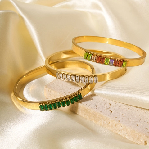 Gold Plated Stainless Steel Bangle Bracelet Elegant Rectangular Rhinestone Inlaid Hinge Clasp Jewelry For Women