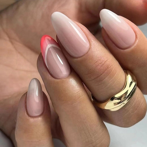 Press On Nägel Mandelform Pink Weißer Farbverlauf Französische Rote Spitze Künstliche Falsche Nägel Für Frauen Mädchen