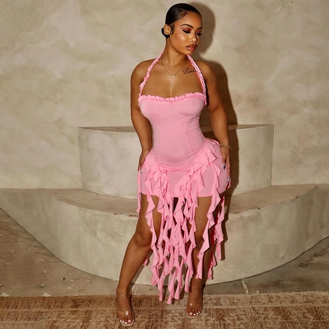 Women Halter Neck Ruffle Mini Dress Backless Bodycon Tiered Frill Sexy Party Clubwear Polyester Spandex