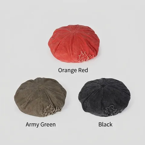 Vintage Washed Cotton Beret Hat With Flower Patch Raw Edge Breathable Lightweight Painter Hat For Women