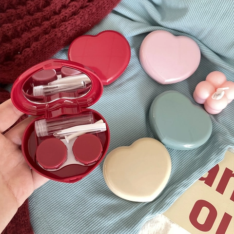 Heart Shaped Contact Lens Case Plastic With Mirror Tweezers Suction Stick Travel Kit Candy Color Cute Girls