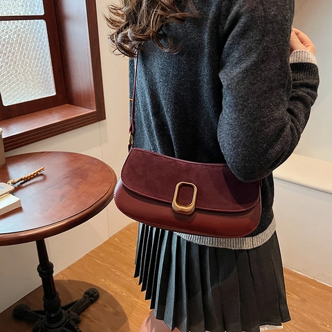 Vintage Women Underarm Shoulder Bag PU Leather Suede Stitching Retro Crossbody Baguette Purse With Metal Buckle Minimalist