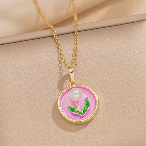 Collana Con Ciondolo A Tulipano Vintage Francese Smalto Fiore Perla Artificial Sintetica Catena In Acciaio Al Titanio Gioielli Eleganti