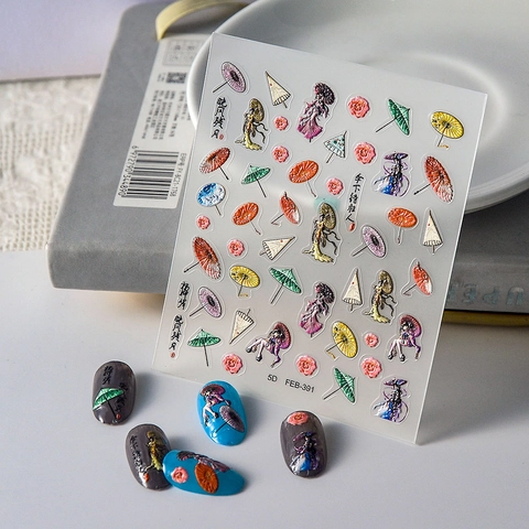 5D Geprägte Nagelaufkleber Wasserdicht Selbstklebend Chinesischer Stil Blume Ölpapierschirm Vintage Maniküre Kunst Dekor