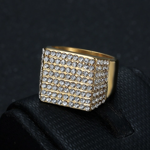 Anello da Uomo Hip Hop in Acciaio Inossidabile Quadrato con Strass Oro Argento Galvanico Punk Metallo Spazzolato Gioielli