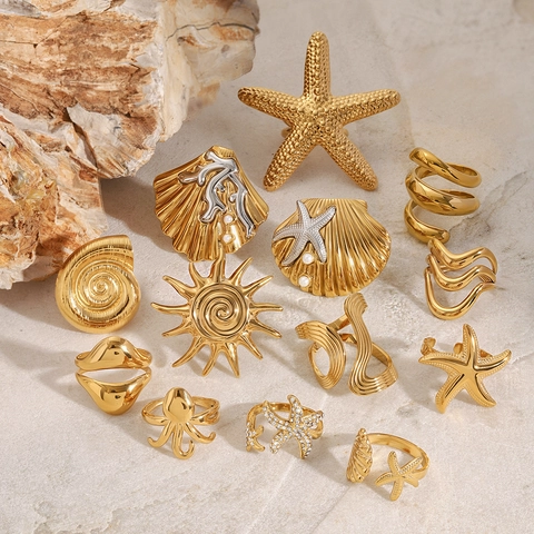 Edelstahl Ozean Serie Seestern Muschel Oktopus Verstellbarer Ring Künstliche Perle Strass Fingerring Für Damen Schmuck