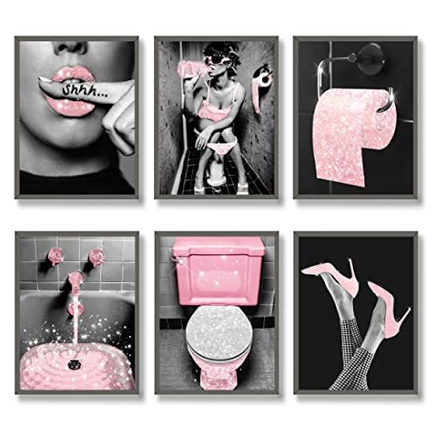 Moderne Rosa Glitzer Badezimmer Wandkunst Leinwanddrucke Mode Frauen Lippen High Heels Toilettendekor Rahmenlos