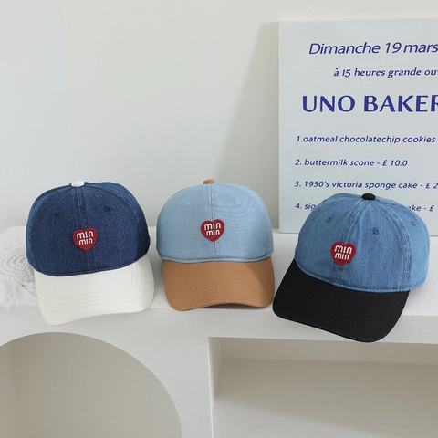 Cappellino Baseball Bambini Denim Patchwork Ricamo Cuore Cappello Parasole Ragazzi Ragazze Regolabile Casual Estate Moda