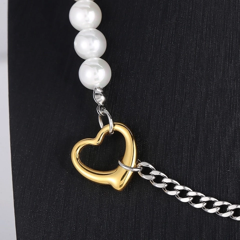 Heart Pendant Necklace Stainless Steel White Faux Artificial Pearl Patchwork Cuban Chain Elegant Fashion Jewelry Gift For Women