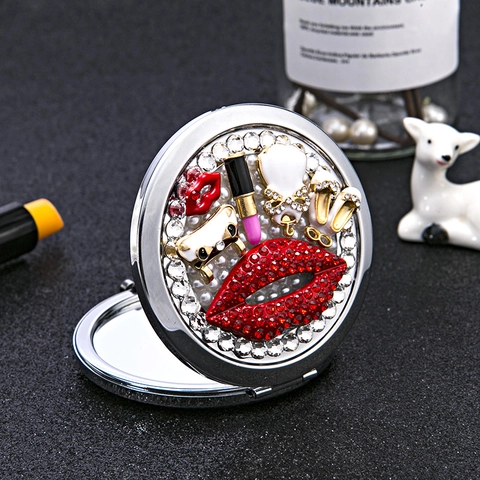Portable Pocket Makeup Mirror Round Folding Metal Rhinestone Red Lip Artificial Pearl Decorative Compact Vanity For Travel Women