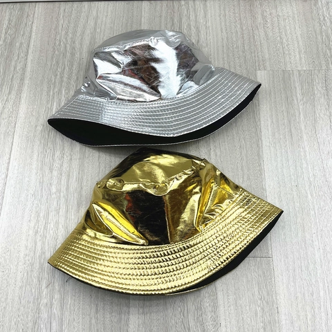 Bucket Hat Glänzend PU Leder Metallic Wendbar Sonnenschutz Schick Party Disco Fischerhut Für Damen Herren Unisex Mode
