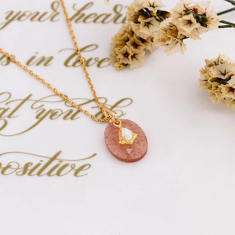 Strawberry Quartz Opal Pendant Necklace 925 Sterling Silver 14K Gold Plated Vintage Elegant Jewelry Gift For Women