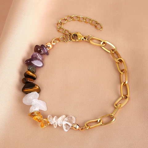 Pulsera De Acero Inoxidable Grava De Cristal Natural Amatista Colorida Irregular Joyería De Piedra Ojo De Tigre