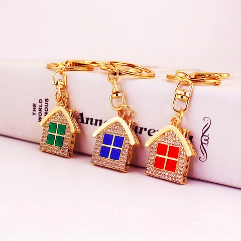 Portachiavi Piccola Casa Colorata Con Strass Lega Dorata Smalto Cartone Animato Ciondolo Borsa Regalo Per Donne