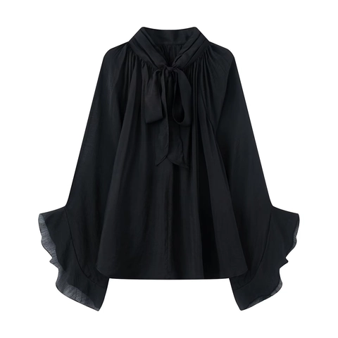 Women Blouse Polyester Tie Neck Bow Knot Long Sleeve Ruffle Flare Sleeve Pleated Solid Color Elegant Top