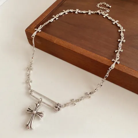 Gothische Kruis Ketting Voor Vrouwen Koper Zirkoon Sleutelbeen Ketting Verstelbaar Vintage Punk Sieraden Zilvertint