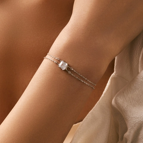Bracciale a Doppio Strato in Argento Sterling 925 per Donna Zirconia Quadrata Geometrica Intarsiata Catena Regolabile Gioielli Minimalisti