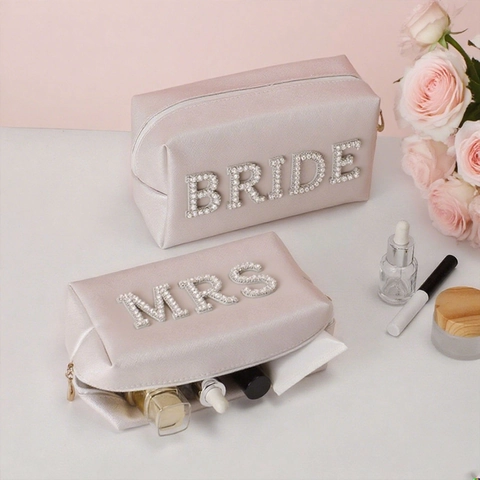 Makeup Bag PU Leather Artificial Pearl Rhinestone Letter Bride Mrs Wedding Travel Cosmetic Pouch Toiletry Organizer