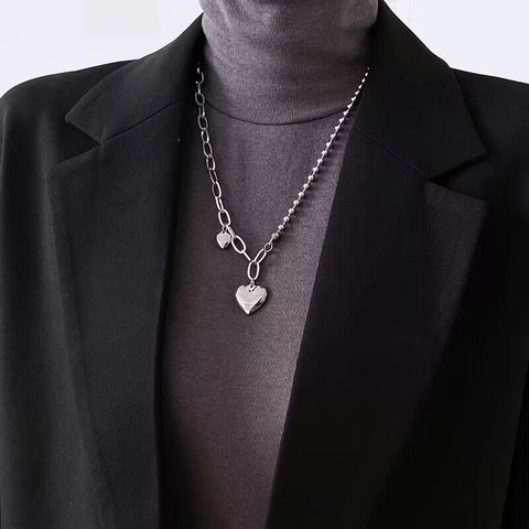 Double Heart Pendant Necklace Titanium Steel Asymmetrical Spliced Bead And Link Chain Silver Color Chic For Women