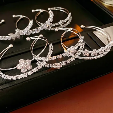 Elegant Flower Butterfly Double Layer Open Bangle Cubic Zirconia Copper Adjustable Bracelet Fashion Jewelry Women