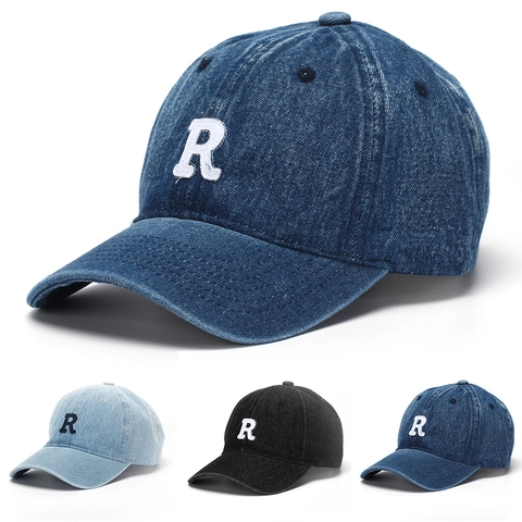 Casquette De Baseball En Denim Lavé Avec Broderie Lettre R Vintage Chapeau De Protection Solaire Réglable Hommes Femmes