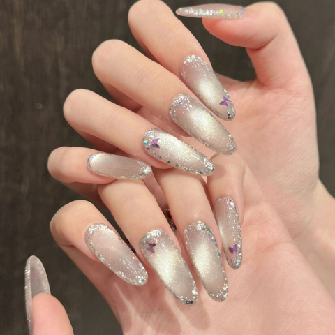Uñas Postizas Hechas a Mano de Ojo de Gato de Lujo Con Mariposa Diamantes de Imitación Oro Champaña Plata Brillo Mujer Fiesta