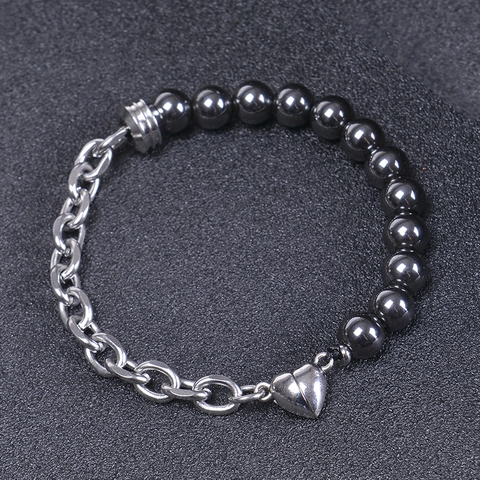 Magnetic Heart Clasp Bracelet Stainless Steel Chain Natural Stone Beaded Couple Jewelry For Men Women Handmade Gift