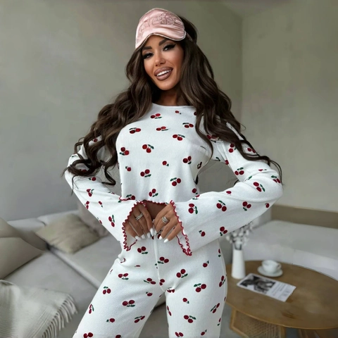 Women Ribbed Knit Polyester Spandex Pajamas Lettuce Edge Long Sleeve Top And Pants Cherry Heart Print Loungewear
