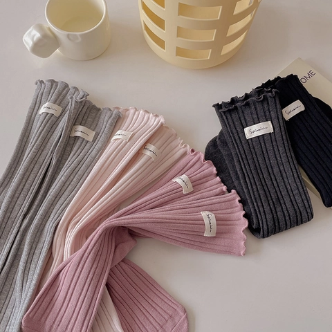 Women Cotton Ribbed Mid Calf Socks Lettuce Trim Slouchy Solid Color Japanese Style Soft Breathable
