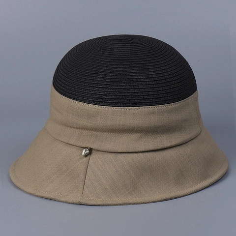 Chapeau Cloche Femme Soleil Paille Polyester Patchwork Pliable Bord Large Réglable Pendentif Feuille Métal Été Voyage