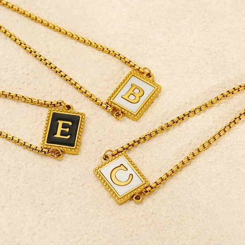 Square Initial Letter Pendant Bracelet Stainless Steel Adjustable 18K Gold Plated Shell Enamel Minimalist Jewelry