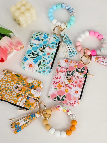 Floral Zipper Card Holder Wallet With Silicone Bead Bracelet Tassel Keychain PU Leather ID Window For Women