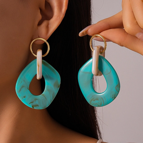 Pendientes Colgantes Geométricos Resina Textura Mármol Hueco Irregular Con Poste De Plata De Ley 925 Vintage Mujer
