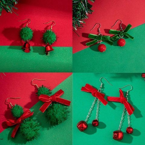 Christmas Drop Earrings With Alloy Velvet Bow And Plush Ball Red Green Bell Dangle Holiday Party Festive Cute Style For Women