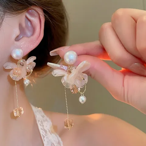 Blumen Quaste Künstliche Perlen Ohrringe Lange Acryl Blütenblätter Mit 925 Sterling Silber Ohrstecker Für Damen Eleganter Schmuck