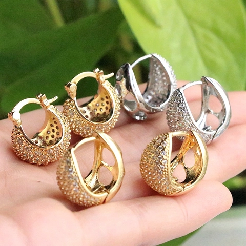Luxury Copper Hoop Earrings Full Zircon Inlaid Hollow Geometric Round Ball High End Minimalist Style For Women