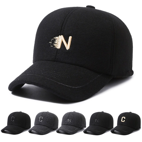 Men Winter Woolen Baseball Cap Warm Windproof Hat With Ear Flaps Casual Peaked Cap Stylish Letter Embroidery Adjustable