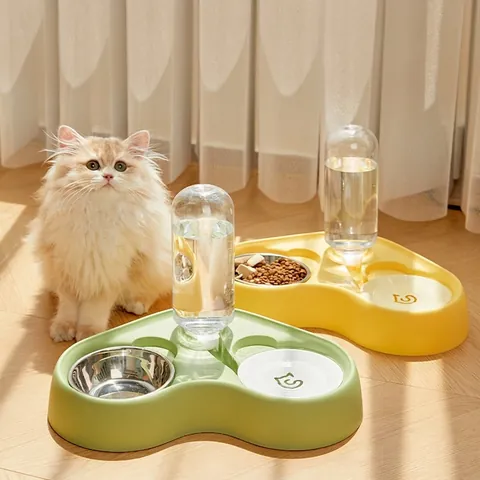 Automatic Cat Feeder And Waterer Dual Bowls Station Gravity Water Dispenser PP Stainless Steel For Cats And Small Dogs