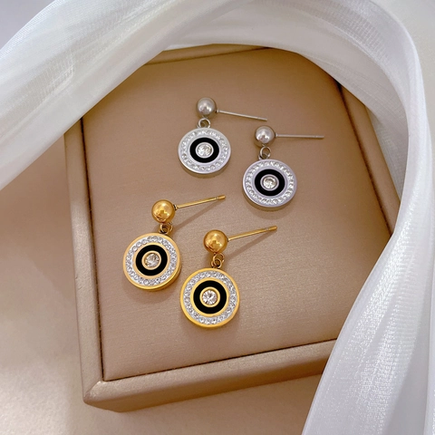 Stainless Steel Round Stud Earrings With Zircon Inlaid And Black Enamel Concentric Circle Geometric Jewelry For Women