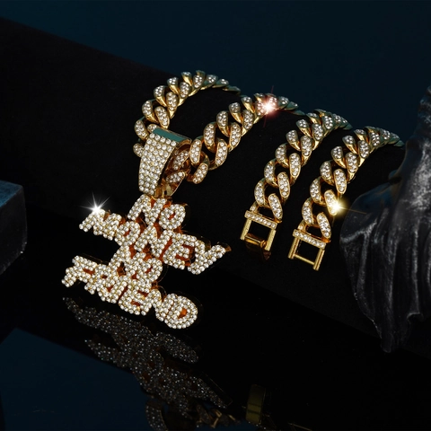 Collana con Pendente NO MONEY NO FRIEND Iced Out Hip Hop Lega di Zinco Maglia Cubana Doppio Strato Gioielli Streetwear Unisex