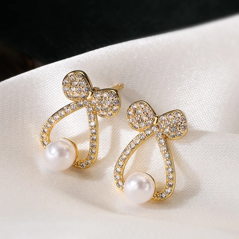 Pendientes De Botón Con Lazo Cobre Chapado En Oro Circonita Perla Artificial Geométrico Elegante Dulce Para Mujeres