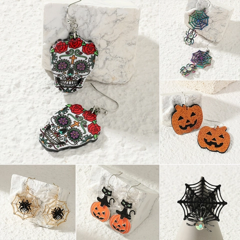 Halloween Spin Schedel Pompoen Geest Vleermuis Oorbellen Legering Strass Hangende Oorbellen Voor Vrouwen Festival Feest Sieraden Cadeau