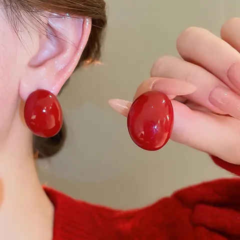 Rode Ovale Knopoorbellen Met Zilveren Oorsteker Legering Emaille Geometrisch Retro Chic Sieraden Voor Dames Mode