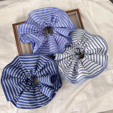 Elastici Per Capelli In Tessuto A Righe Scrunchies Con Volant Per Donna Accessori Per Capelli Stile Coreano Blu Bianco