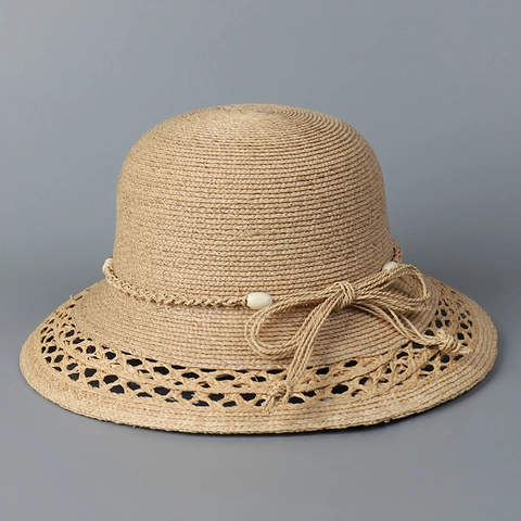 Chapeau De Soleil En Paille De Raphia Pour Femmes Élégant Chapeau De Plage À Bord Large Avec Boucle Coquillage Perles Design Ajouré