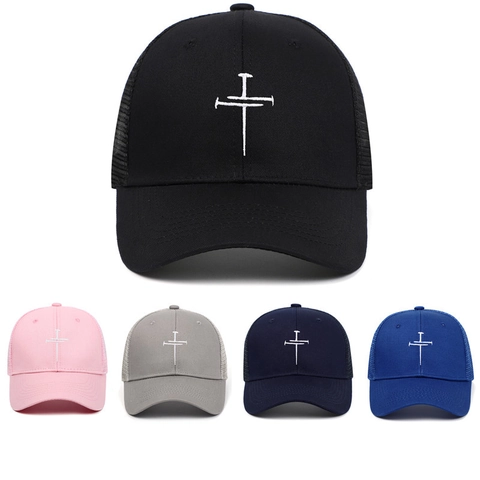 Cappello Trucker Ricamo Croce Chiodi Cotone Mesh Traspirante Berretto Da Baseball Regolabile Visiera Curva Protezione Solare