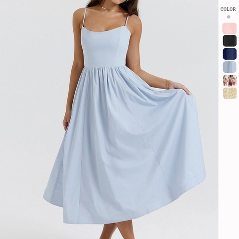 Dames Midi-Jurk Met Spaghettibandjes Rugloos Polyester A-Lijn Elegant Zomerreizen