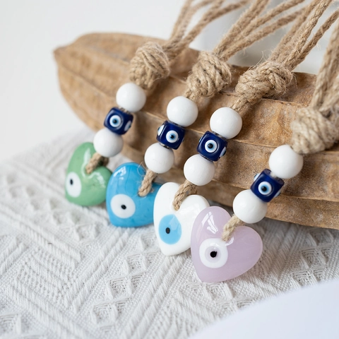 Handmade Evil Eye Glass Wall Hanging Decor Heart Star Round Shape Nazar Bead Ornament With Hemp Rope For Home Car Outdoor Decor