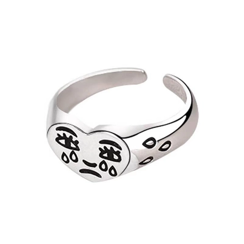 Anillo Abierto de Corazón con Cara Llorando de Aleación de Zinc Vintage Color Plata Galvanizado Emoji Triste Anillo Ajustable Joyería Unisex