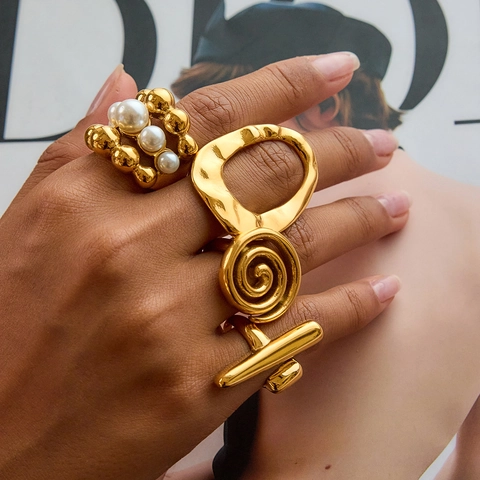 Mutige Geometrische Ringe Für Damen Edelstahl 18K Vergoldet Lava Minimalistisch Künstliche Perle Tigerauge Wasserdichter Schmuck
